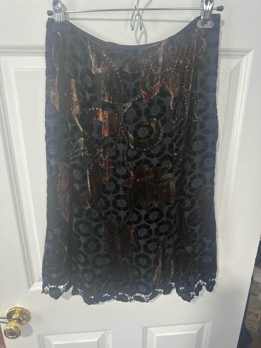Black Floral Velvet Burnout Midi Skirt with Lace Hem